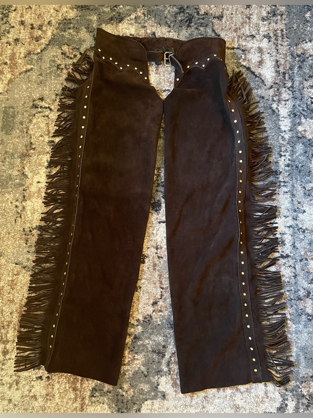 Equestrian Real Brown Suede Leather Fringe Chaps - Women’s Small Western Riding